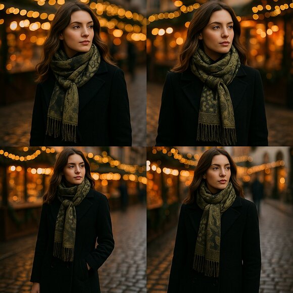 Vintage Pashmina-Style Jacquard Shawl – Olive & Black Reversible Wrap - Picture 3 of 15